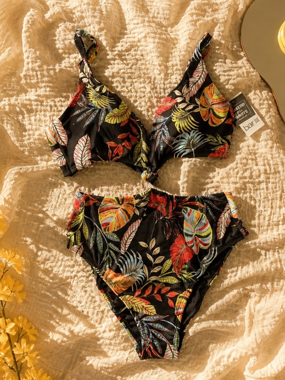 bar iii Black Tropical Print High-Waist Bathing Suit